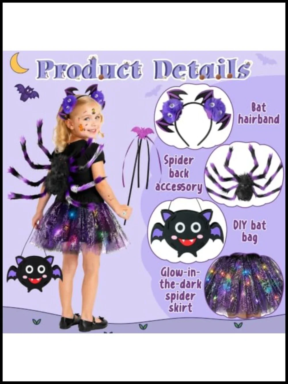 Kids Halloween Spider Costume Set Light Up Skirt Wings Headband DIY Craft